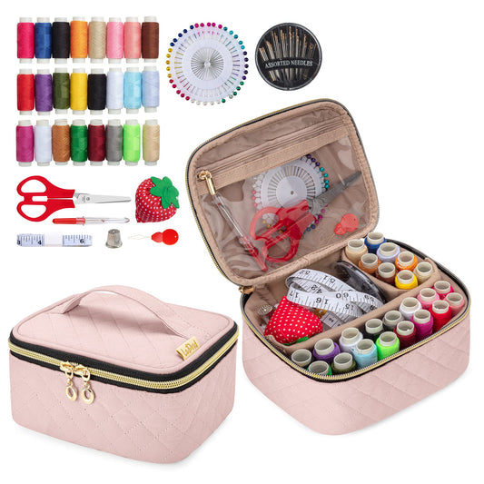 LoDrid Sewing Kit, Portable Flannel Bag with Complete Sewing Supplies for Travel, Sewing Repair Tool for Adult & Beginner, 24 Color Threads, 30 Needles & Sewing Accessories, Dusty Rose