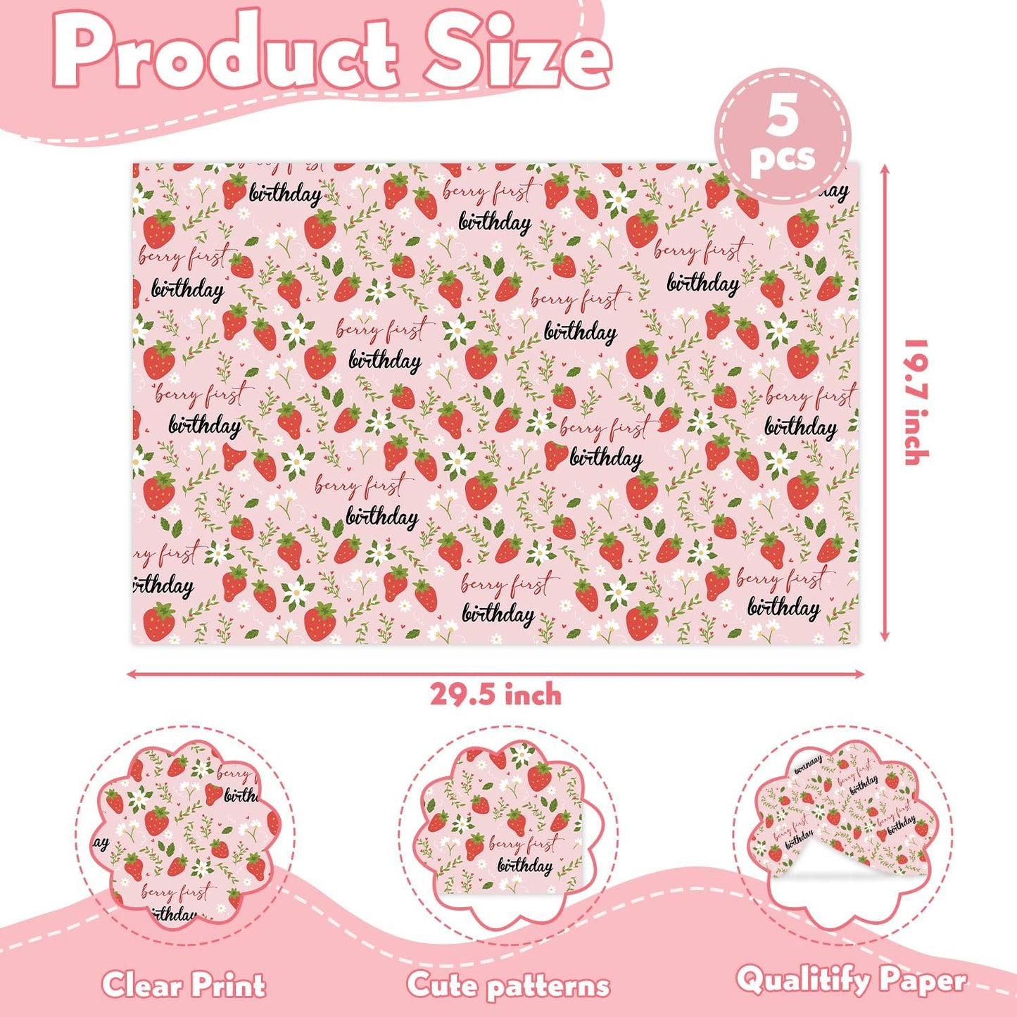 MJSXY Strawberry Wrapping Paper for 1st Birthday, Girl Birthday Wrapping Papers for Gift Bags, 5 Sheets 19.6x27.5 Inch Gift Wrap with Cute Strawberry Pattern, Baby Shower Party Supplies Decorations