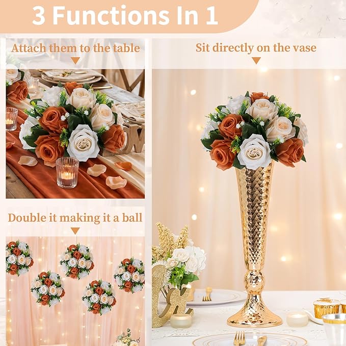 NUPTIO Terracotta Flower Ball Centerpieces: Artificial Rose Kissing Balls for Wedding Party Tables - 2 Pcs Faux Silk Floral Arrangements for Fall Home Thanksgiving Event Dining Decorations