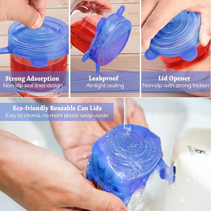 Patelai 16 Pack Silicone Jar Covers Same Size Silicone Jar Cap Stretch Lids Thicker Reusable Container Cover, Expandable Food Storage Covers Dishwasher and Freezer Safe 2.6-3.3 Inch(Blue)