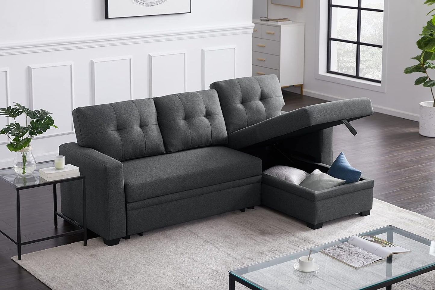 Devion Furniture Philly 4-in-1 Convertible L Shaped Couch with Pull Out Bed and Storage, Sectional Sleeper Sofa with Reversible Chaise for Living Room, Apartment, Bedroom, Office