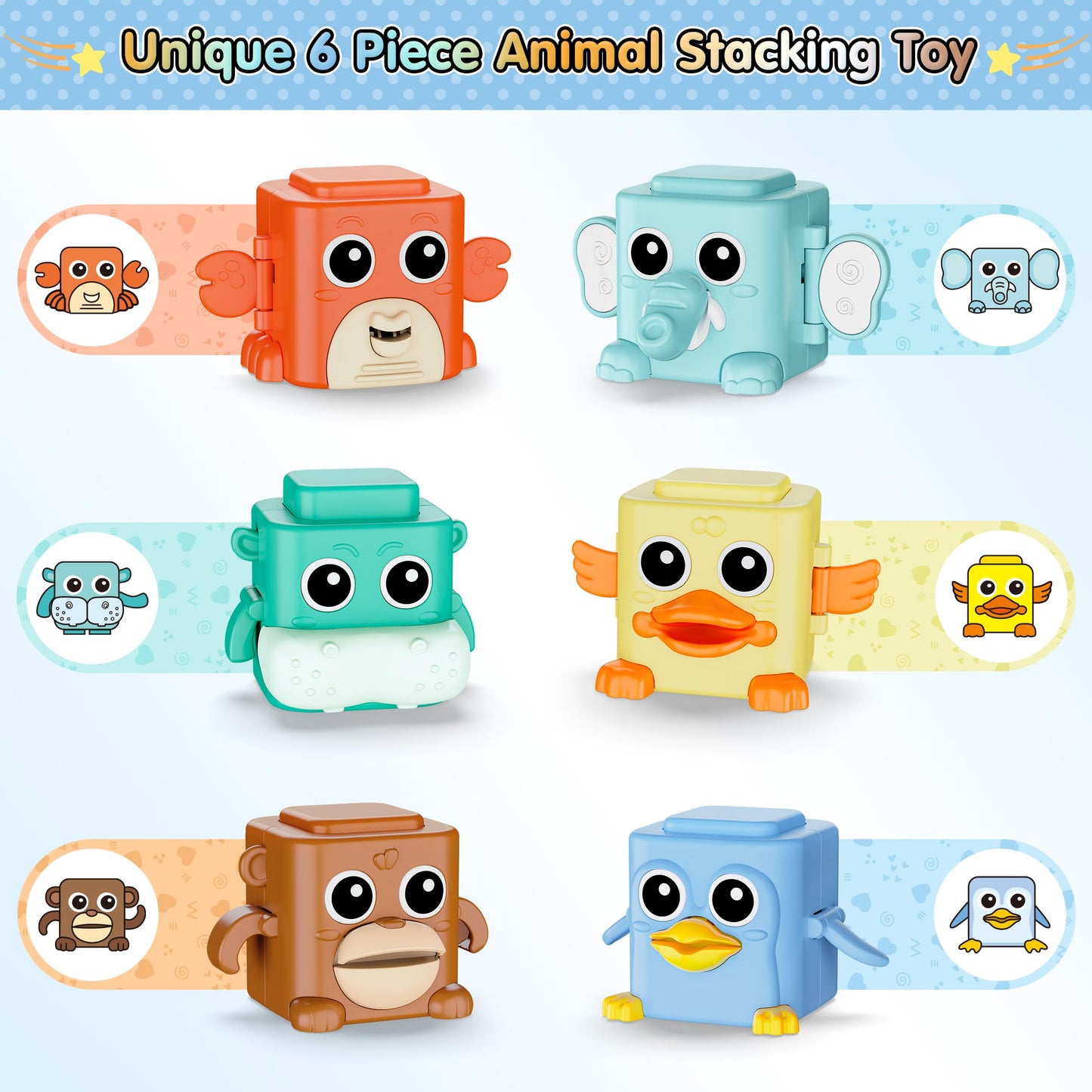 BASUN Stacking Toys Set for Toddlers 18+ Months, 6 in 1 Infant Sensory Toys with Changing Expressions, Pressable Animal Stacking Blocks, Christmas Birthday Gifts for 1 2 3 4 Years Old Baby Boys Girls