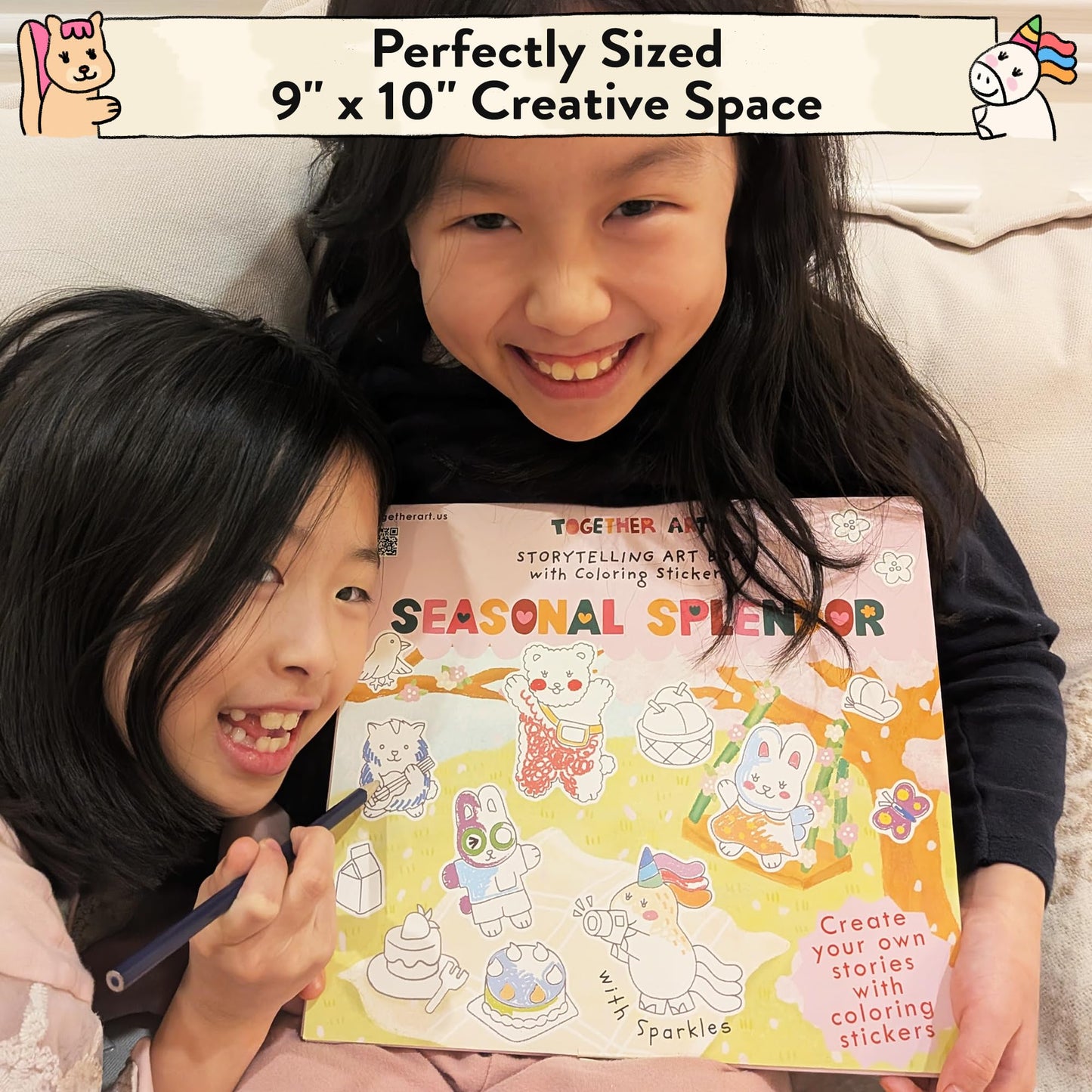 Together Art Seasonal Splendor: Color Your Own Stickers Storytelling Kit - 4 Seasons in 1 DIY Craft for Kids Ages 3+ (Camping, Beach, Christmas) - Road Trip Travel Activities & Homeschool Art Supplies