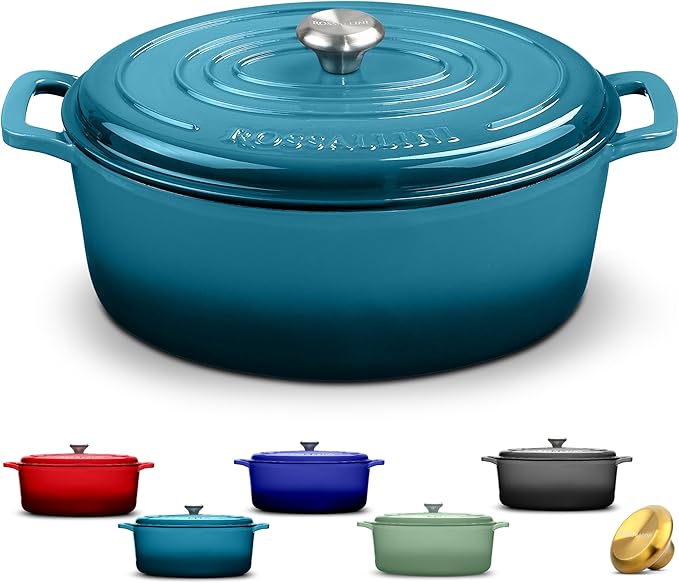Signature Enameled Cast Iron Oval Dutch Oven | Non-Stick Serving Pot with Tight Fitting Lid for Perfect Roasting, Baking, Sauteing, and Bread Making | 5Q [Ocean Blue]