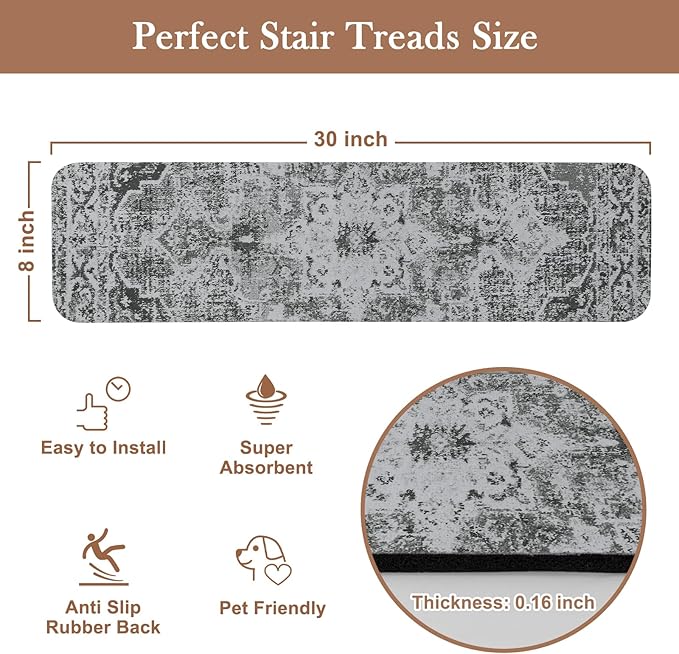 OJIA Stair Treads Non Slip Stair Runners for Wooden Steps Indoor, 15PCS 8"x30" Rubber Backing Carpet Treads for Wood Stairs Staircase Step Treads for Kids & Dogs, Stair Covers Safety Mats