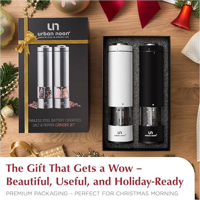 Electric Salt and Pepper Grinder Set - Battery Operated Stainless Steel Mills (1 Black Pepper Grinder + 1 White Salt Grinder) Automatic One Handed Operation Electronic Adjustable Ceramic Grinders