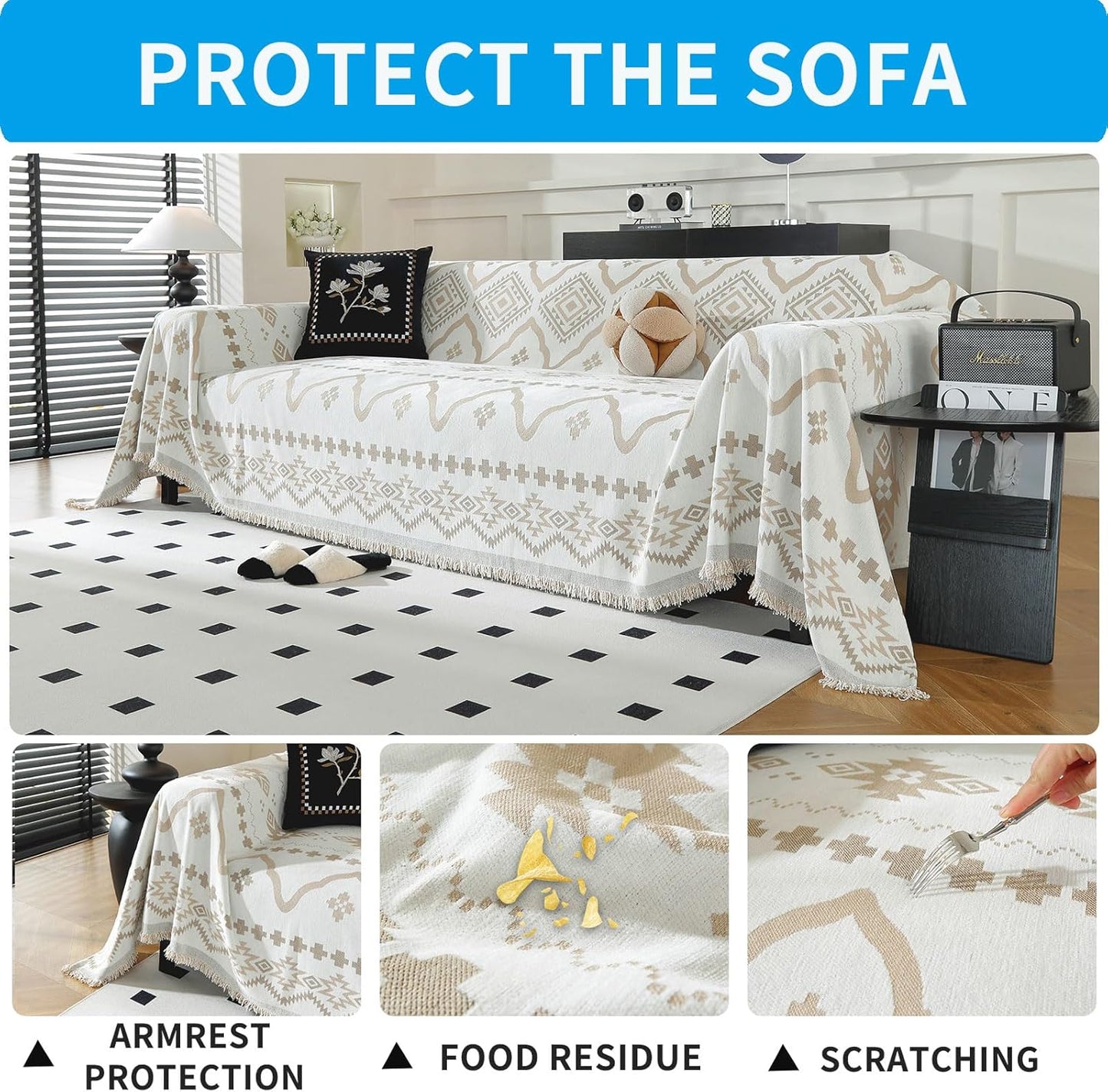 LUFEIJIASHI Boho Couch Covers for Sofa Non Slip Sofa Covers Washable Couch Covers for 3 Cushion Couch Sofa Pet Friendly Sectional Couch Cover Blanket Furniture Protector for Dogs (Khaki, 91"x118")