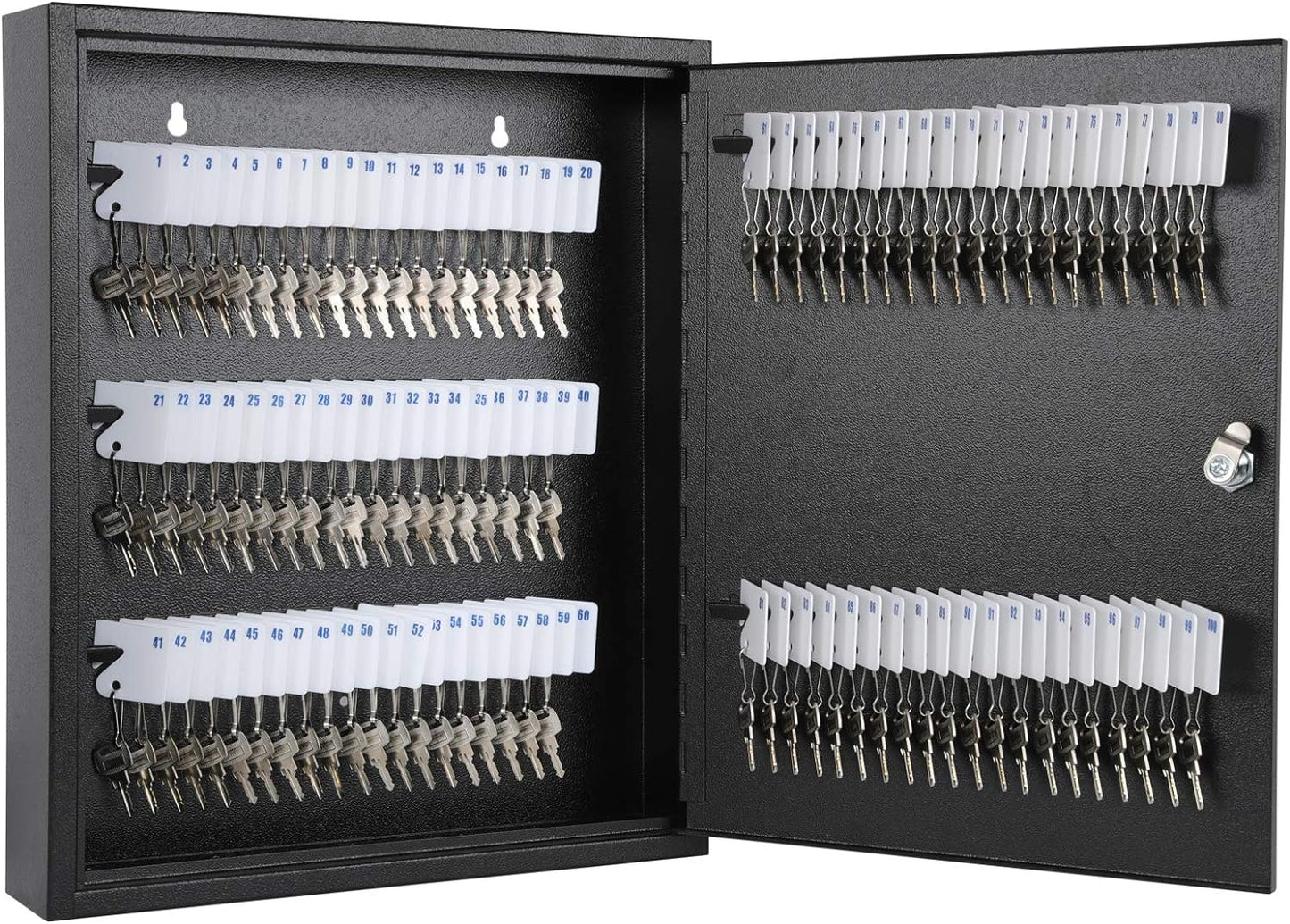 KYODOLED Key Storage Lock Box with Key, Locking Key Cabinet, 100 Key Management Wall Mount with Key Lock, Key Hooks & Tags Key Labels, 3.1" D x 17.1" W x 14.1" H (Black 100 Key)