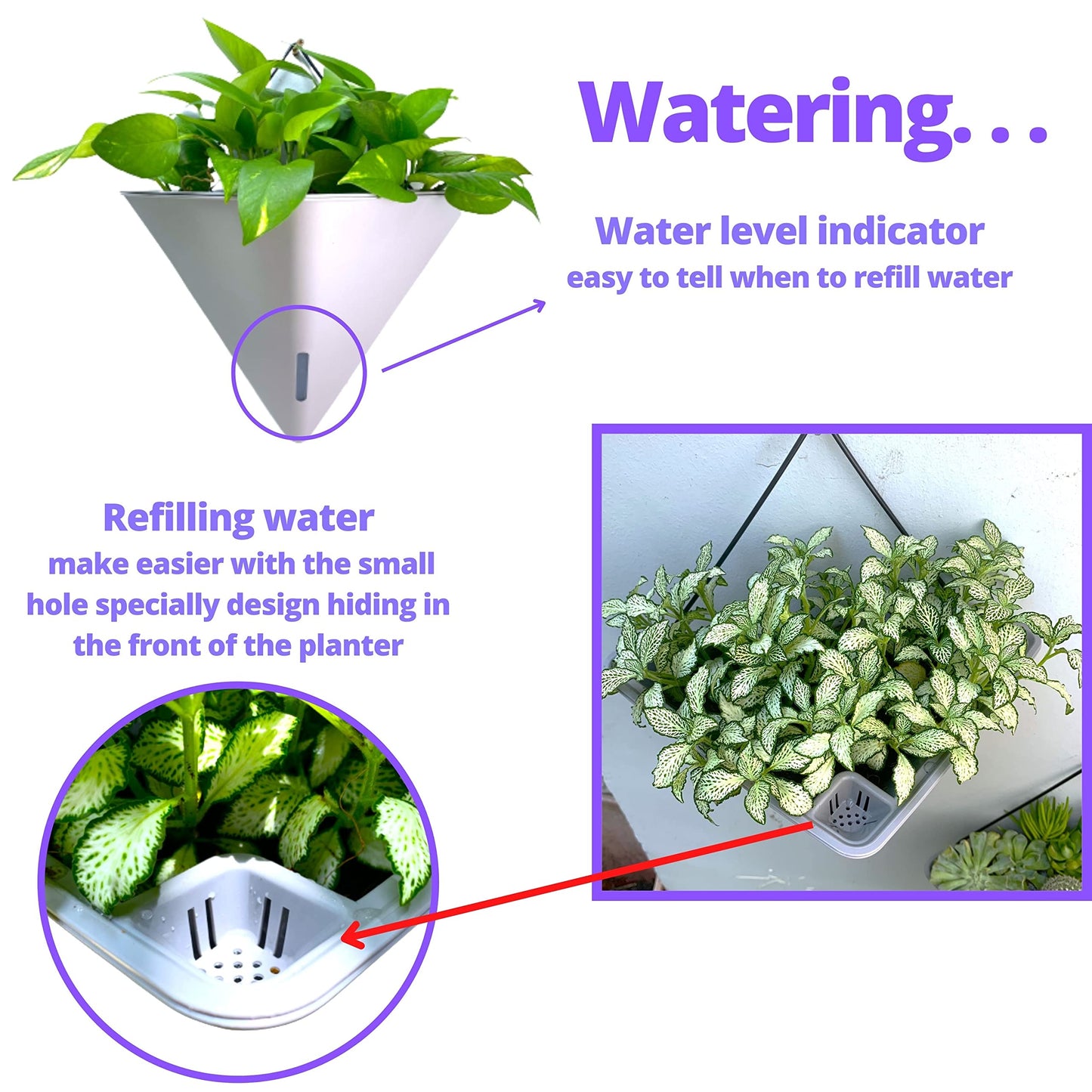 LaLaGreen Bundle - 12" x 4 Pack Gray + 12" x 4 Pack White Large Self Watering Geometric Hanging Flower Vase Vessel with Metal Hanger, Modern Stylish Wall Mounted Succulent Pot Holder Decor
