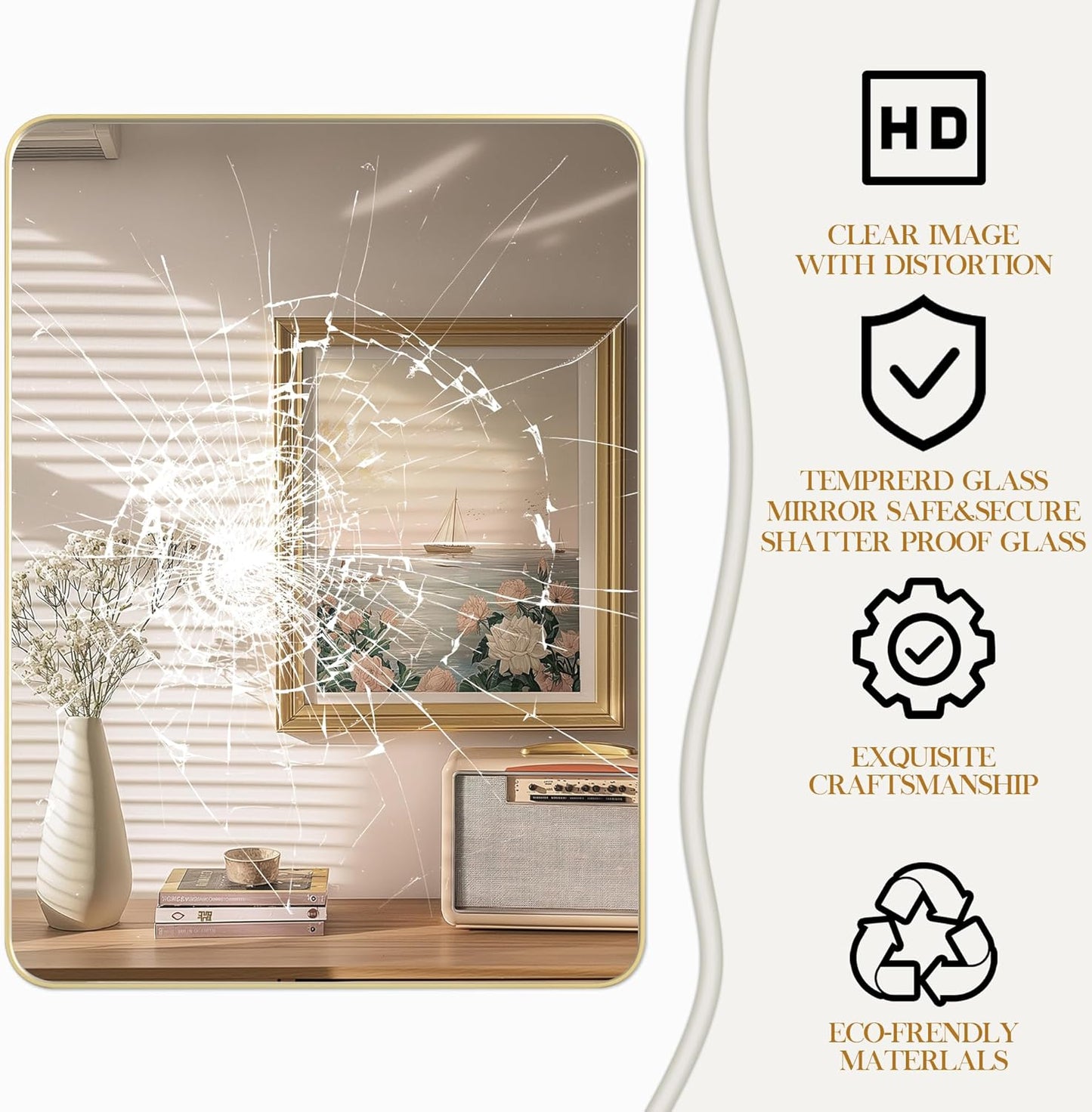 Fun Memories Gold Bathroom Mirror 20x30 Inch Bathroom Vanity, Metal Black Frame Large Mirror, Modern Wall Mirror for Bathroom, Tempered Glass, Farmhouse, Horizontally or Vertically