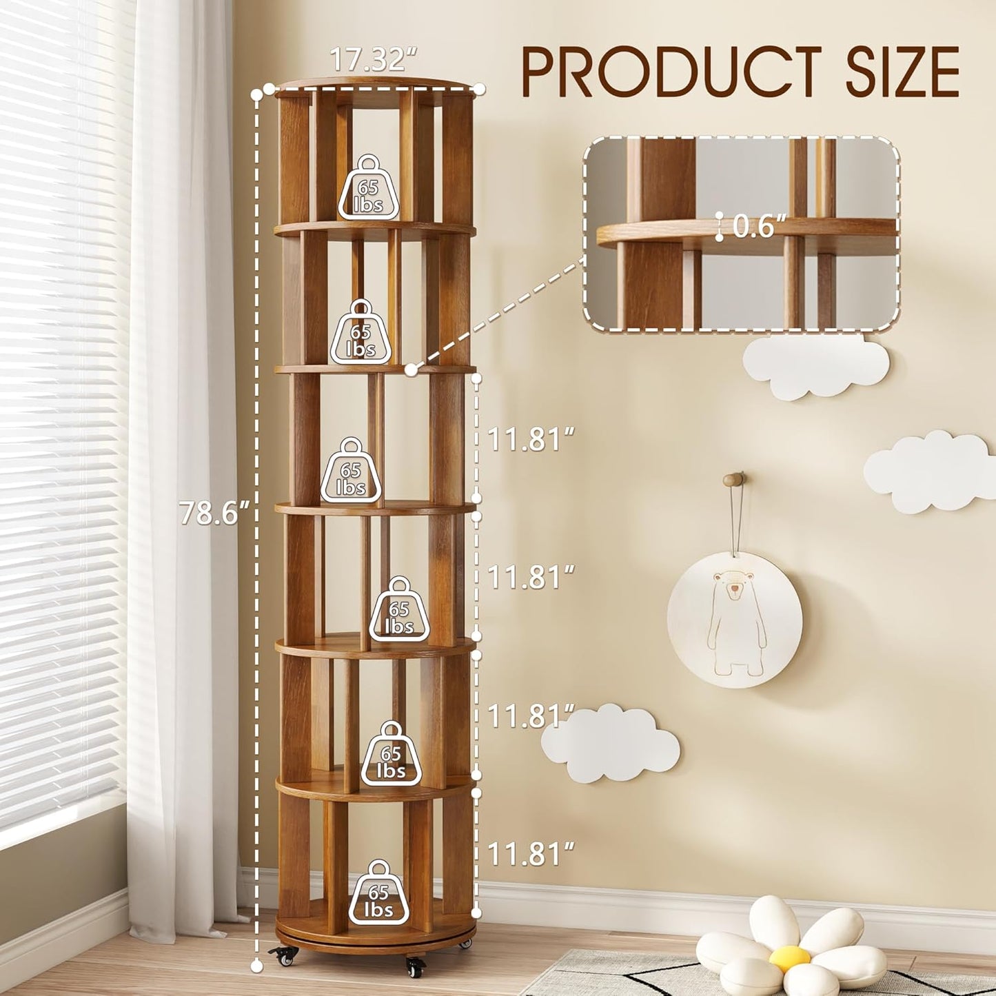6 Tier Solid Wood Rotating Bookcase with Wheels, Round Revolving Bookshelf Organizer, 360° Spinning Storage Shelf for Corner, Small Narrow Spaces, Home, Office, Kids Room