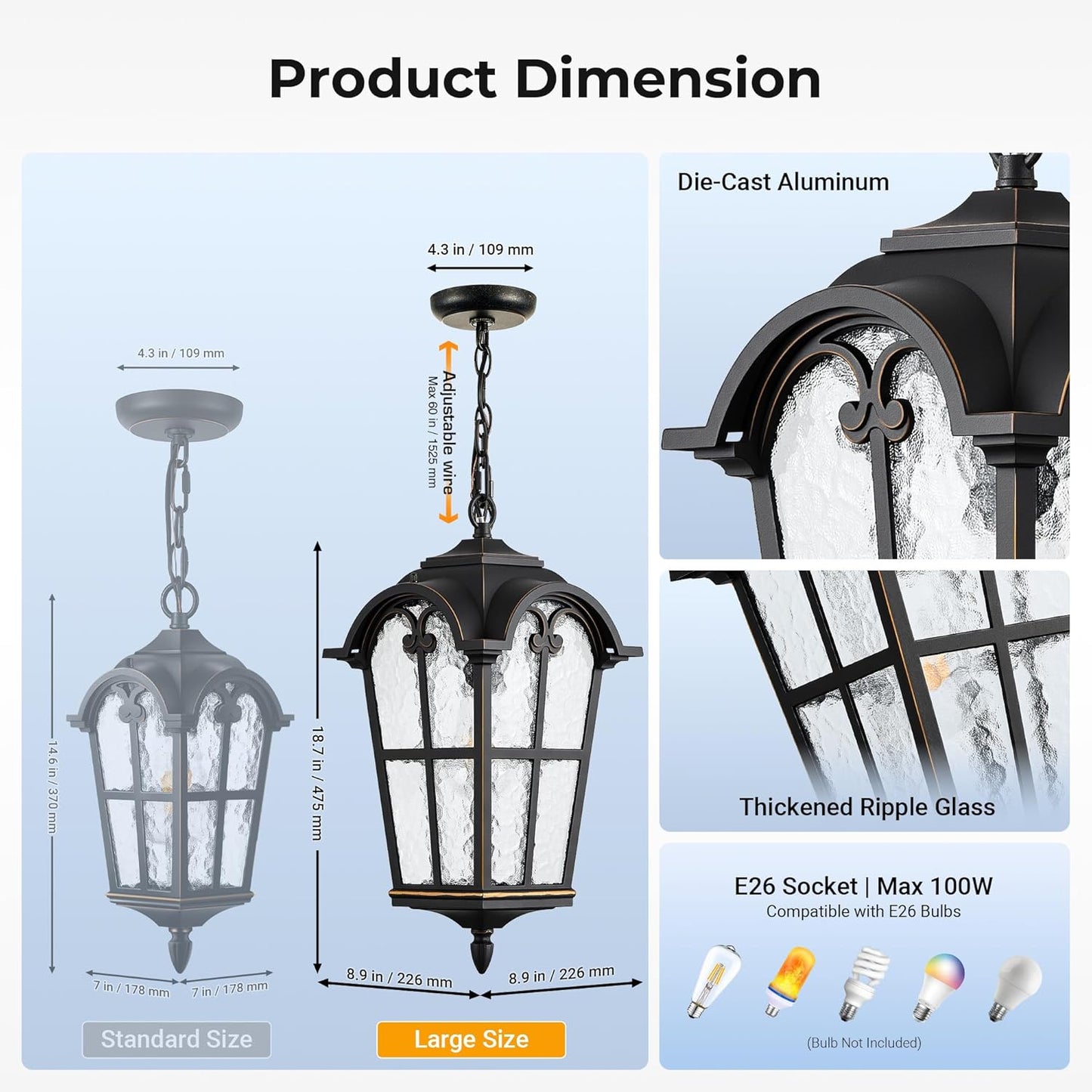 VIANIS Black Large Outdoor Pendant Light, Vintage Outdoor Chandelier with Gold Trim, Outside Hanging Light for Porch, Doorway, Entryway, 100% Aluminum, Anti-Rust
