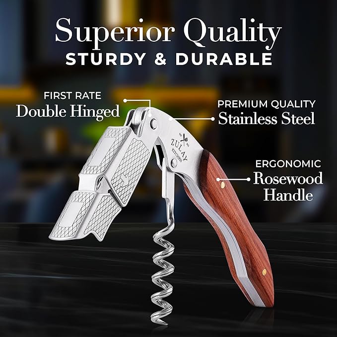 Zulay Kitchen Corkscrew Wine Opener - Premium 420 Stainless Steel & Rosewood Wine Bottle Opener - Double Hinged Opener with Foil Cutter & Cap Remover - Rosewood