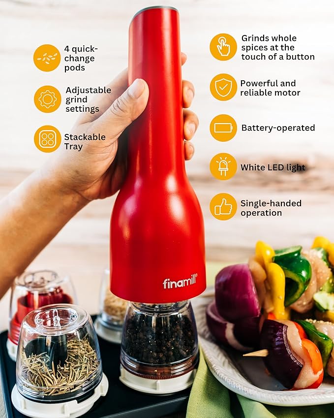FinaMill Ultimate Gift Set – Battery Operated Spice Mill with 4 Interchangeable Spice Pods & Slate Quartet Stackable Tray, Adjustable Coarseness, Ceramic Grinder, LED Light, Kitchen Gifts for Women