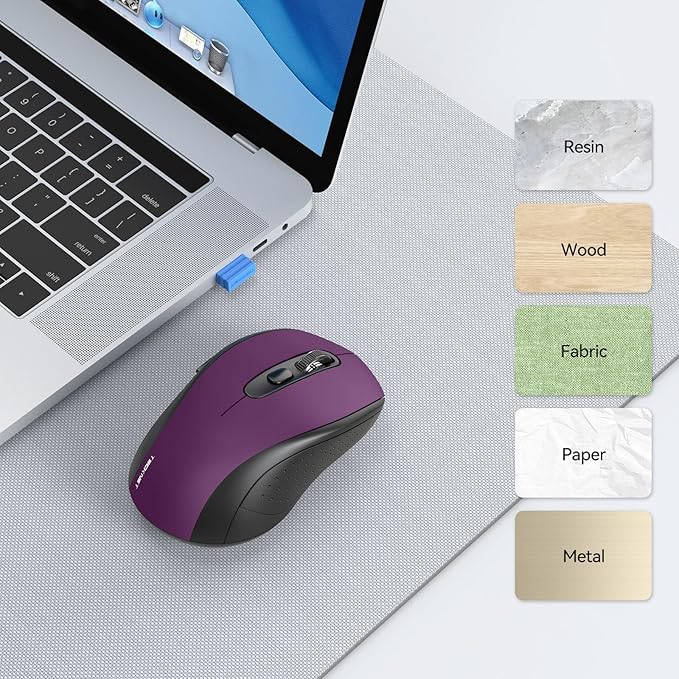 TECKNET Bluetooth Mouse, 4000DPI Wireless Mice for Laptop 2-in-1(BT 5.0/3.0+2.4Ghz) Computer Portable PC Mouse Wireless with USB Receiver for Mac (USB-A/C+Bluetooth, Purple)
