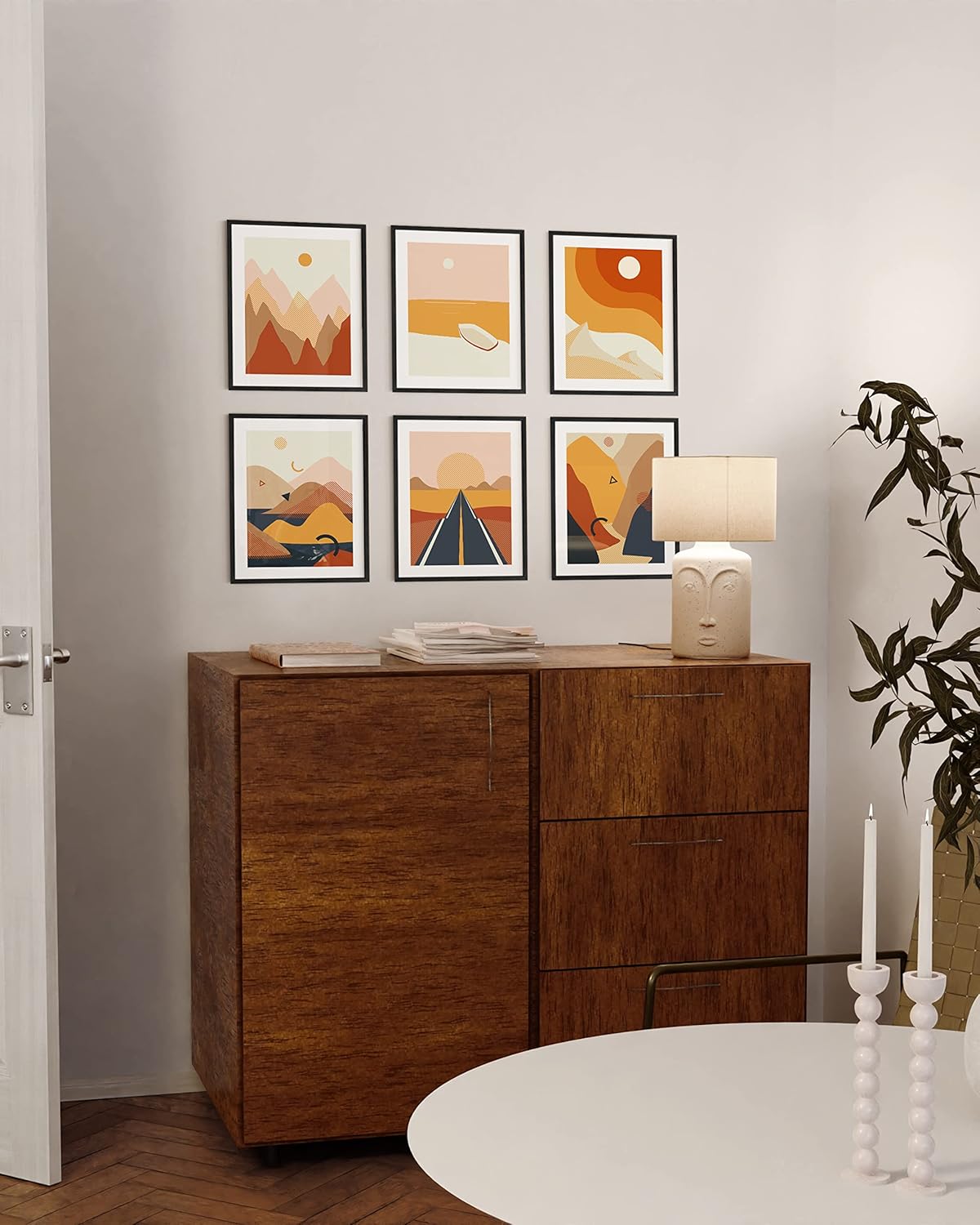 HAUS AND HUES Abstract Minimalist Landscape Wall Art – Set of 6 Modern Mountain Prints, Geometric Nature Posters, Aesthetic Minimalist Wall Decor (Black Frame, 8x10)
