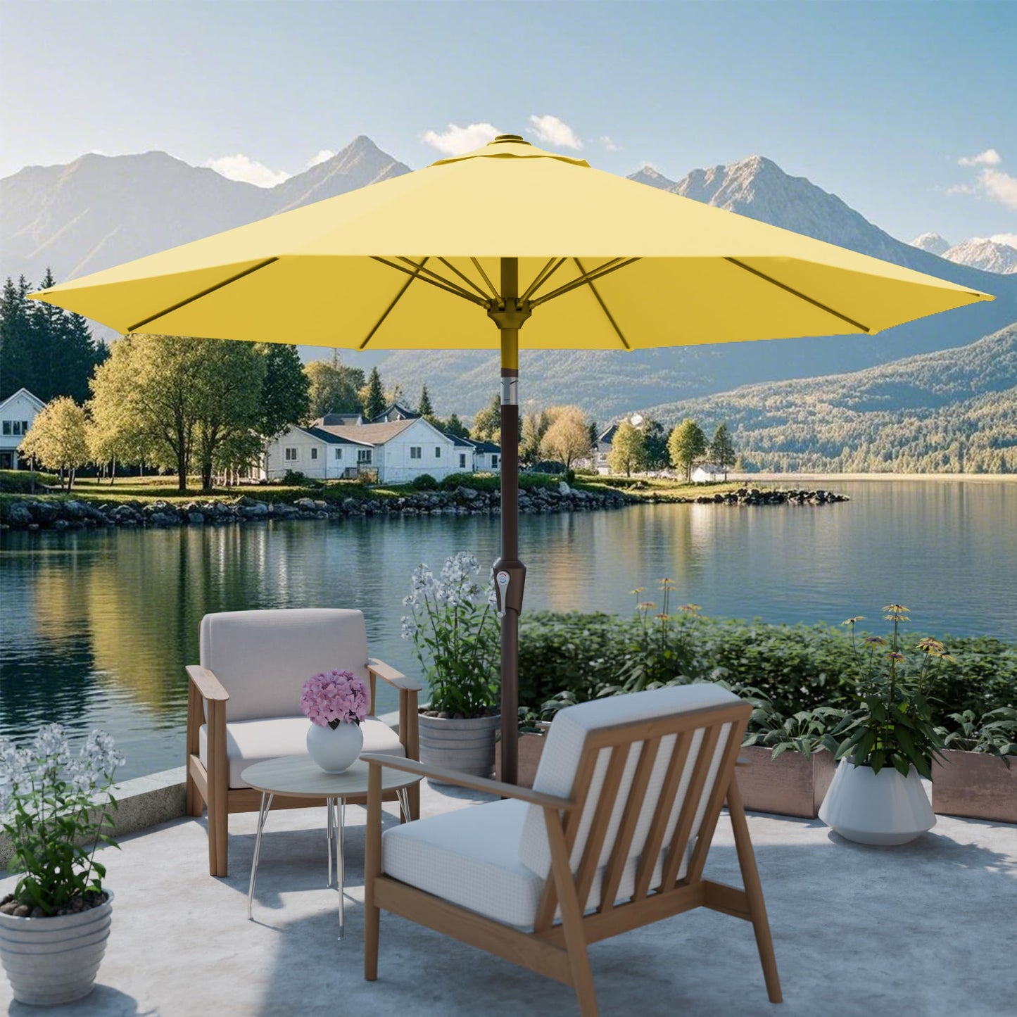 PatioKingdom Auto-Tilt 9FT Patio Umbrella Outdoor with 8 Sturdy Fiberglass Ribs,Market Table Umbrella for Pool,Backyard,Deck and Garden(Yellow)