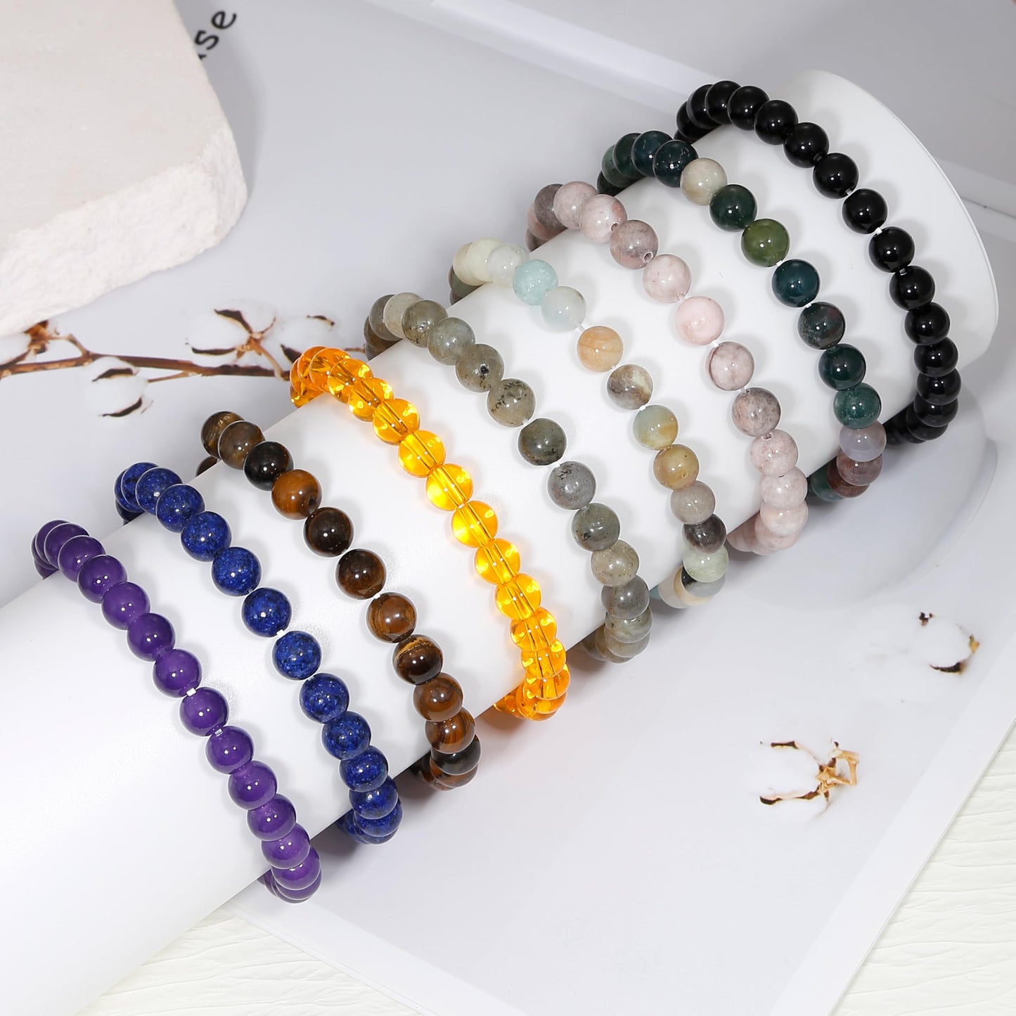BOMAIL 9Pcs Healing Crystal Bracelets for Women Men 4mm 6mm 8mm Natural Stone Beaded Stretch Bracelet Set Handmade Gemstone Reiki Spiritual Jewelry Gifts
