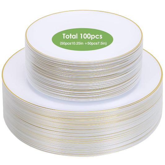 Moretoes 100PCS White Gold Plastic Plates Disposable,Party Plates White with Gold Rim, 10.25inch Dinner Plates and 7.5inch Dessert Salad Plates Heavy Duty Plates for Wedding Party and Birthday