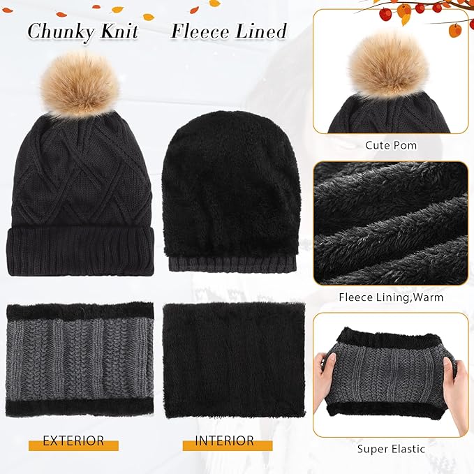 SATINIOR 5 Pcs Winter Hat Scarf Gloves Set Fleece Warm Lined Knit Beanie Hat Touch Screen Earmuff Gloves Warmer for Women(Dark Gray,Stylish Style)