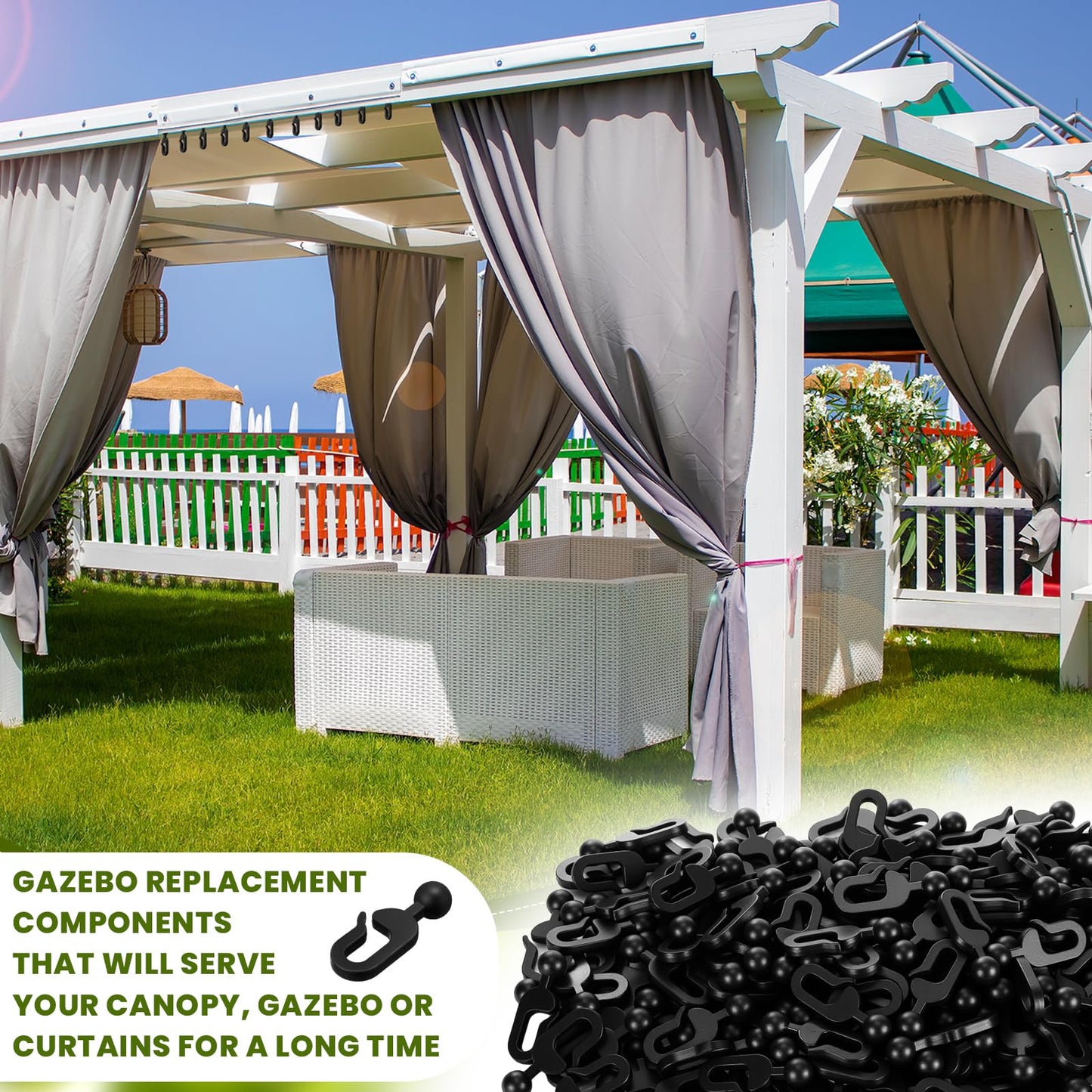 Colingmill 200 Pack Plastic Hooks for Gazebo Curtains and Mosquito Netting Outdoor Hotel Black Curtain Track Hooks Gazebo Replacement Parts Accessories
