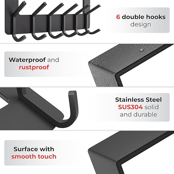 Matte Black Over The Door Hooks – Heavy Duty Stainless Steel Door Hanger with 6 Double Hooks for Hanging Towels, Coats, Robes, Hats, Bags – No Drill Over Door Towel Rack for Bathroom & Bedroom, 2 Pack