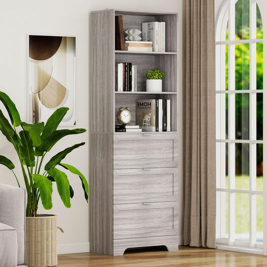 71'' Tall Bookshelf with Drawers,6 Tier Wooden Bookcase Storage Organizer,Freestanding Display Cabinet with Adjustable Shelves for Living Room, Bedroom