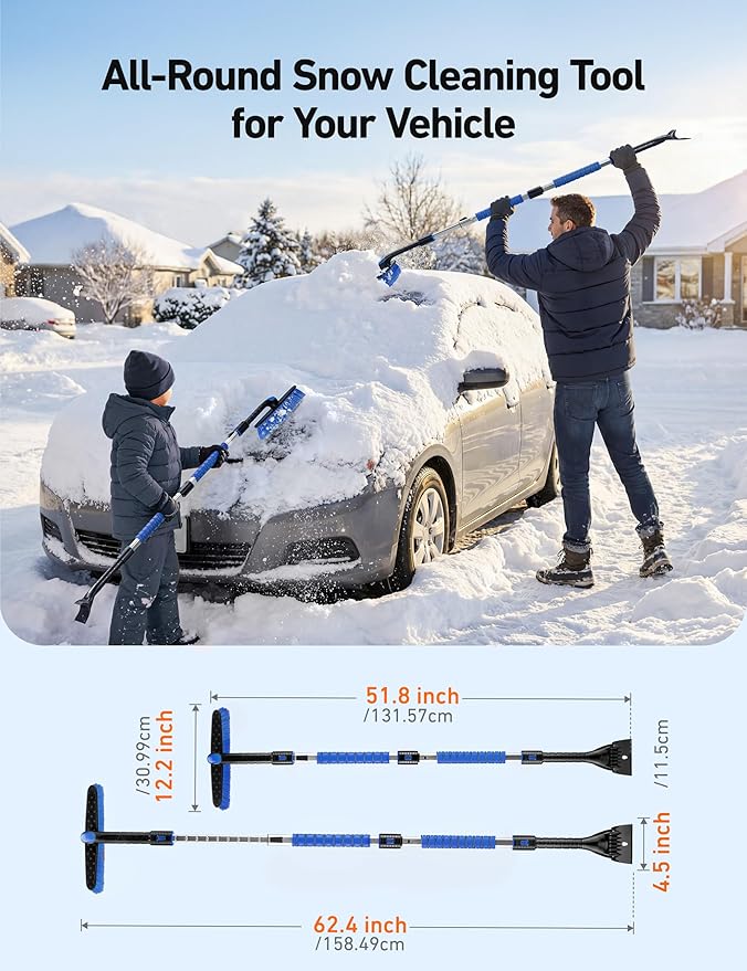 AstroAI 62.4" Ice Scrapers for Car Windshield and Extendable Snow Scraper with Foam Grip and 360° Pivoting Brush Head for Christmas Car Auto Truck SUV(Blue)