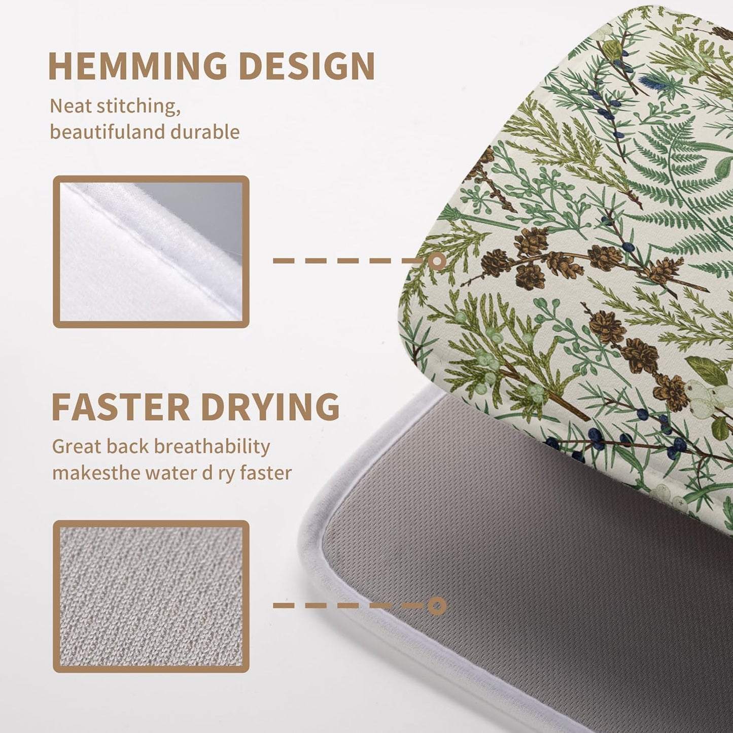 Sage Green Botanical Floral Dish Drying Mat for Kitchen Counter Vintage Herbs Fern Leaves Plant Drying Mats Absorbent Microfiber Dishes Drainer Mats Washable Dish Draining Pad Extra Large 18"x24"