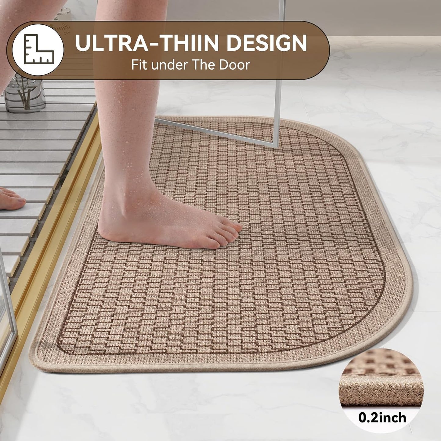 Bathroom Rugs Mat 20x31, Non Slip Ultra Thin Bath Mat Quick Dry Absorbent Washable Woven Half Round Bath Mats for Bathroom Floor Rubber Backed Fit Under Door Brown