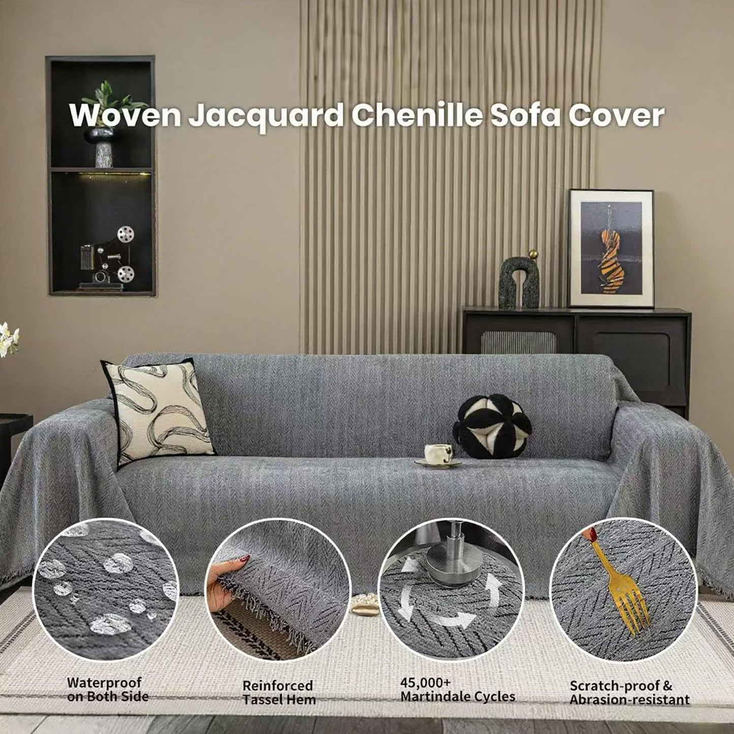 Nobildonna Sofa Cover Washable Soft Thicken Chenille Couch Cover with Tassel,Waterproof Sofa Slipcovers for 2 Cushion Couch,Loveseat,Futon Couch Furniture Protector Pet-Friendly,Dark Gray 71"x102"