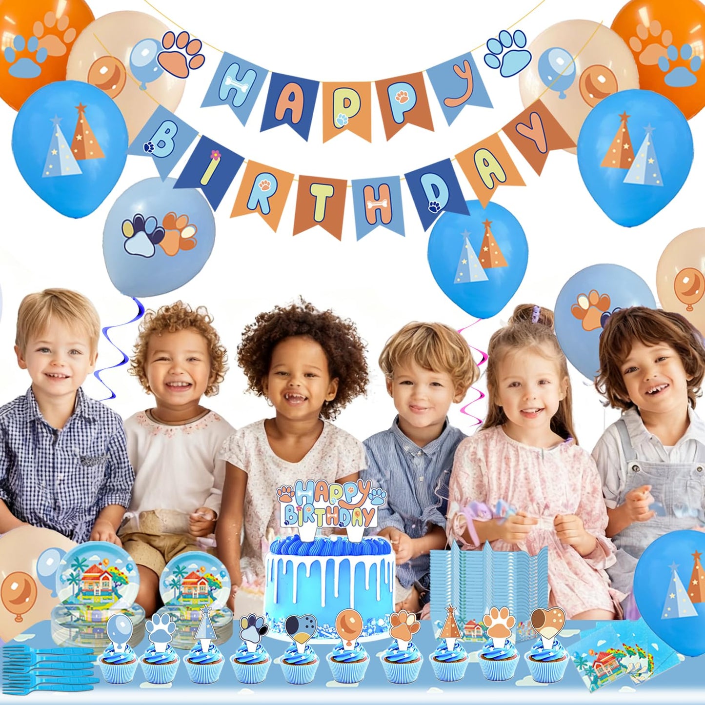 133PCS Blue Birthday Party Supplies - Serves 20 Guests，Blue Birthday Decorations, Blue Plates and Napkins, Tablecloth, Balloons, Banner, Cake Toppers, Fork & Paper Food Trays - Party Supplies