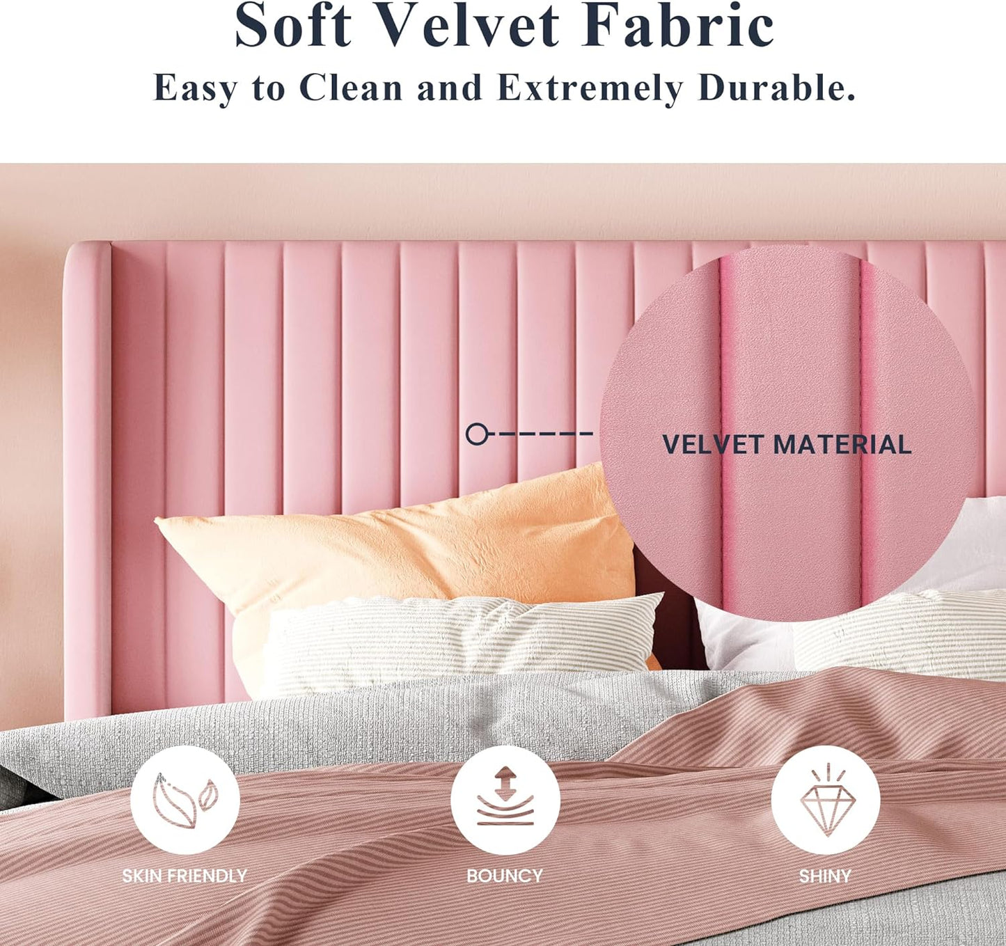 Allewie Queen Size Velvet Bed Frame/Vertical Channel Tufted Wingback Headboard/Upholstered Platform Bed/Strong Wooden Slats/No Box Spring Needed/Easy Assembly/Pink