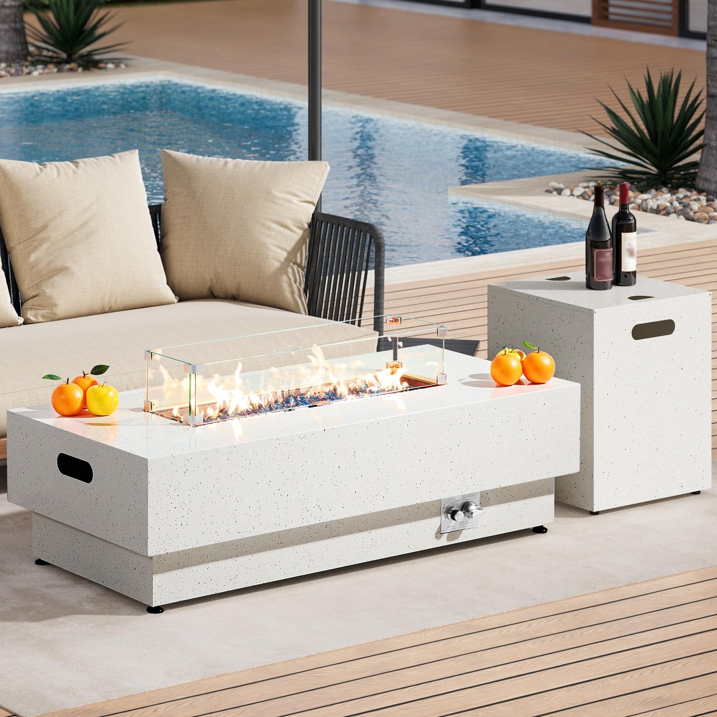 IRONCK 50-Inch Outdoor Propane Fire Pit Table w Tank Table, CSA Certified, Rectangular Patio Fire Pit w Glass Rocks, Wind Guard and Cover, 58000 BTU 2 in 1 Outdoor Heater for Deck Garden, White