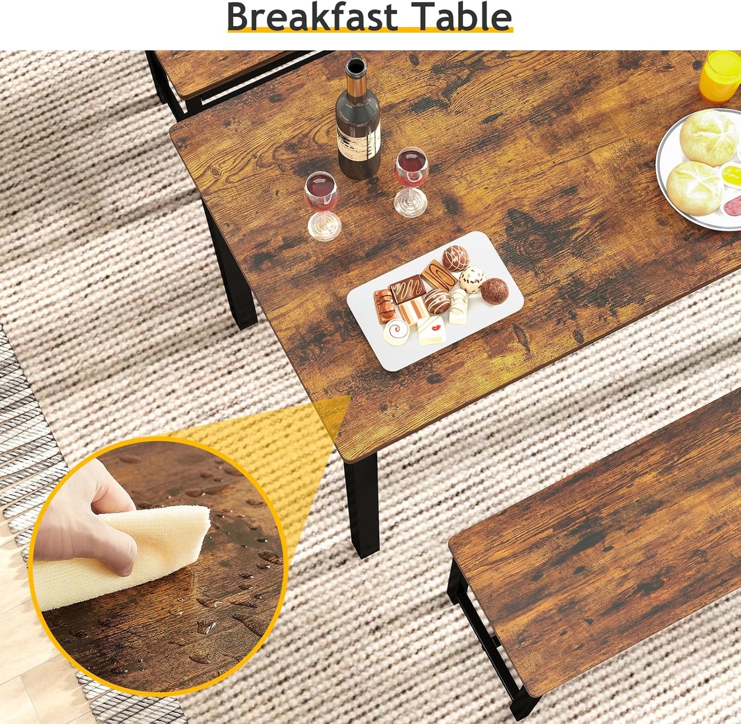 Rovibek Dining Table Set for 4 with 2 Benches – Space-Saving Kitchen Table Set for Kitchen & Dining Room, Brown