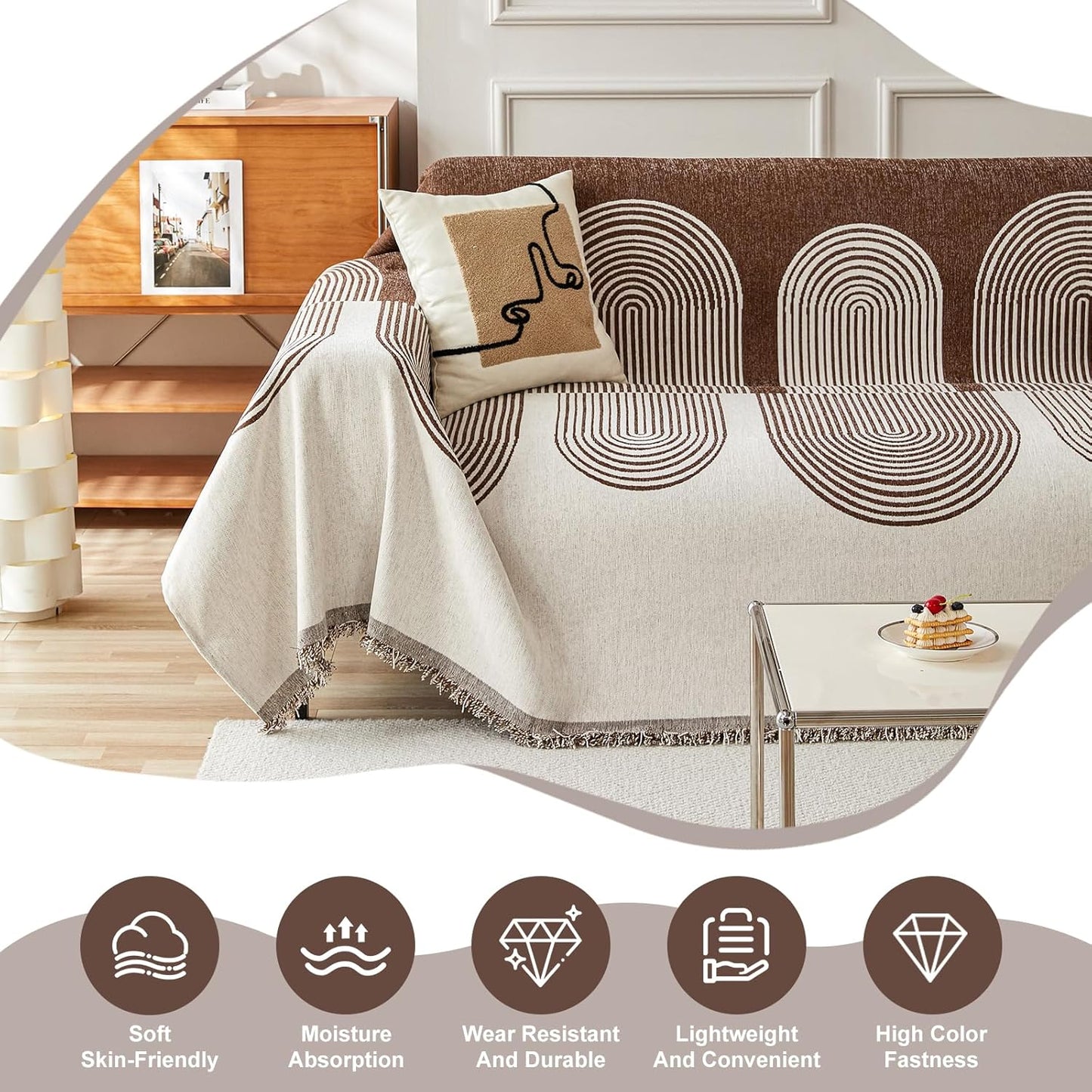 STACYPIK Soft Boho Chenille Couch Cover for Pets Beige Khaki Sofa Cover for 3 Cushion Couch Non Slip Furniture Protector with Tassels Geometric Couch Cover L Shaped Pet Friendly Washable-71x150IN