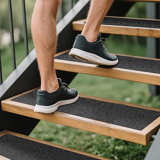 LadyRosian Outdoor Stair Treads Non Slip 10-Pack Black 6" x 24" - Weather Resistant Adhesive Heavy Grip Tape - Waterproof Anti Skid Strips