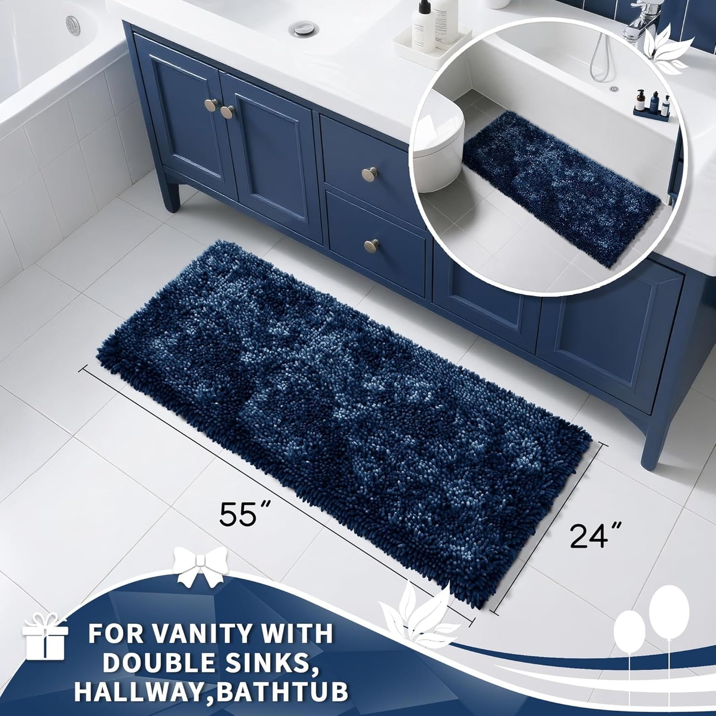 Yimobra Long Bathroom Rugs Runner 55x24 Inch, Extra Thick Soft Absorbent Chenille Bath Mat, Non Slip Machine Washable, Quick Dry Bath Rugs for Bathroom Floor, Tub and Shower, Navy Blue