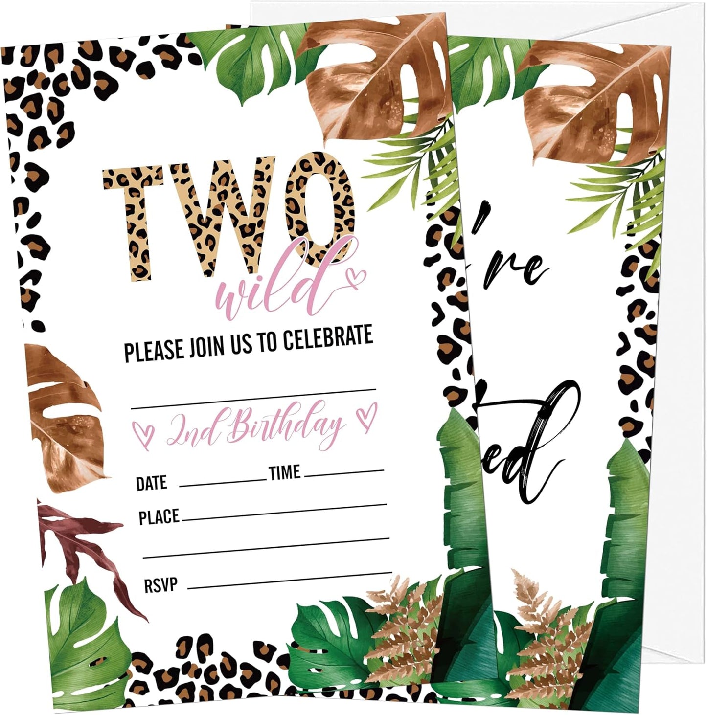 Safari Jungle Birthday Invitations, 20 Invitation Cards with Envelopes, Wild Two Invites for Party Decorations Favor Supplies - A14