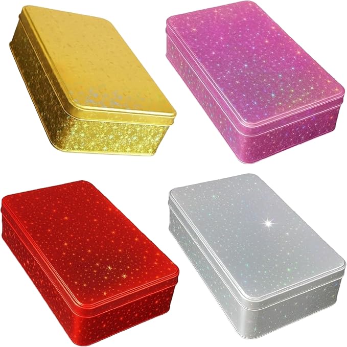 Glitter Tin Bundle – Set of 4 Rectangular Christmas Gift Boxes (Gold, Red, Silver, Pink) – Festive Containers for Cookies, Candy, Crafts & Holiday Gifting