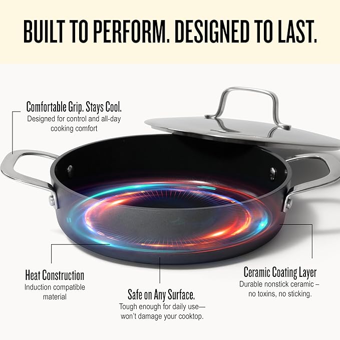 Alva Maestro 3.5-Qt Nonstick Ceramic Sauté Pan with Lid – Black | No PTFE, PFOA or PFAS | Induction & Oven Safe | Even-Heating, Easy-Clean Everyday Pan for Searing & One-Pan Meals