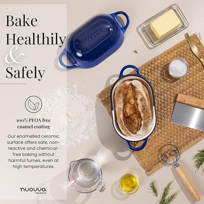 Dutch Oven For Sourdough Bread Baking – Enamelled Cast Iron Bread Loaf Pot – Oven Safe Non Stick Bread Pot – Rectangular, Dark Blue, 24cm x 16cm – by Nuovva