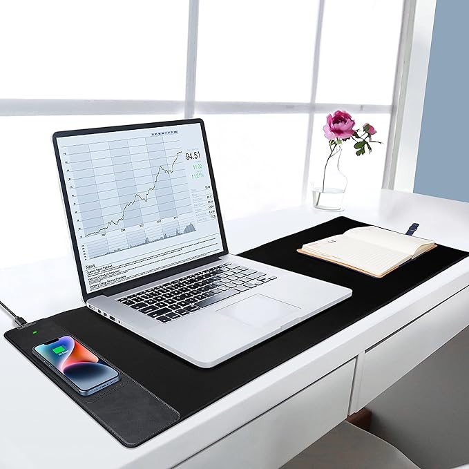 Mouse Pad with Wireless Charging, Gaming Mousepad, 31.5"x15.7" Extra Large Desk Mat XXL, Non-Slip Rubber Base, Waterproof Computer Keyboard Pad for Gaming, Home, Office, Black Desk Pad