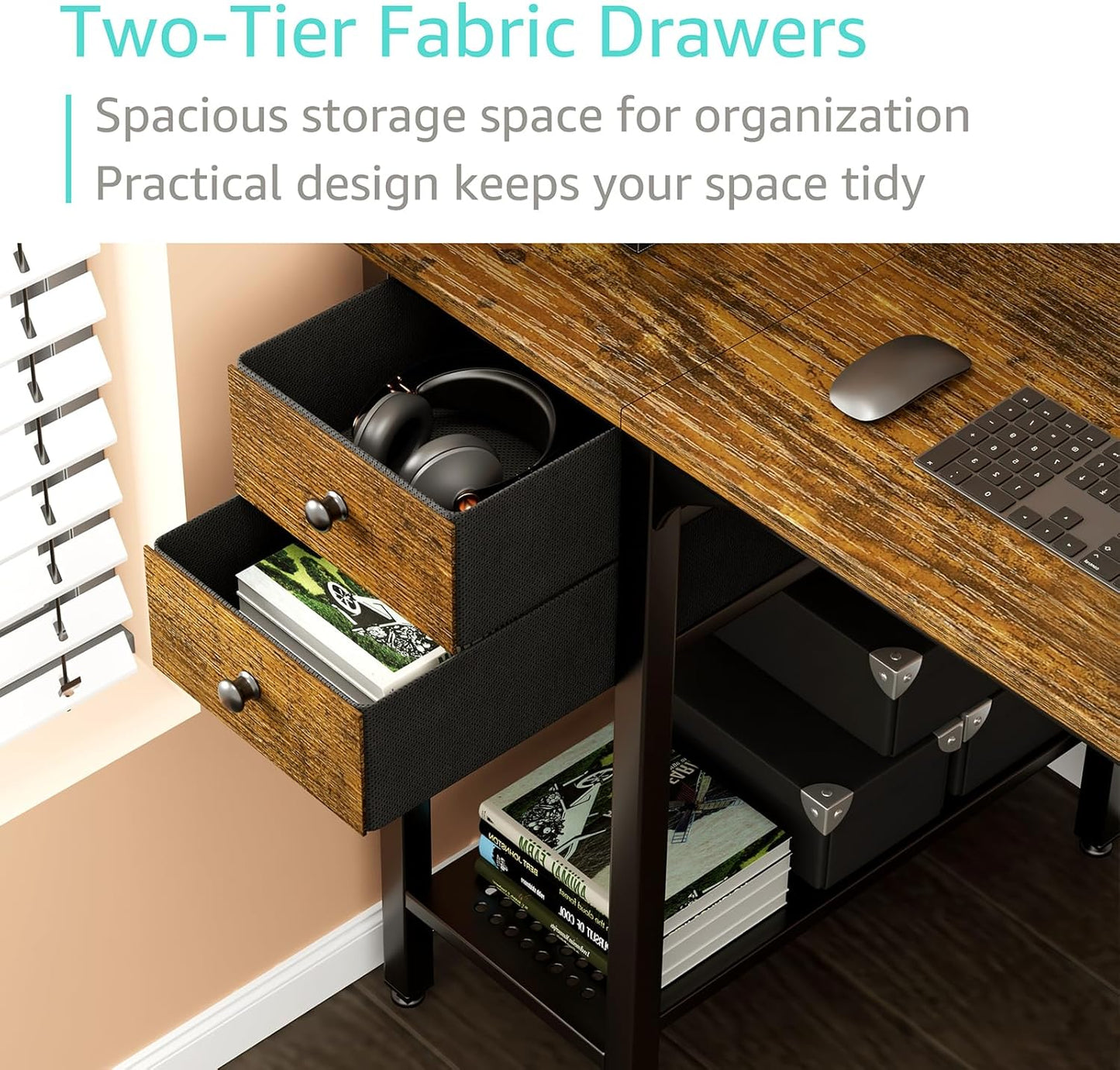 Lufeiya Computer Desk with Drawers - 40 Inch Work Reversible Small Desk for Bedroom Home Office, Simple Study Writing Table PC Desks with Drawer Storage Shelves, Rustic Brown