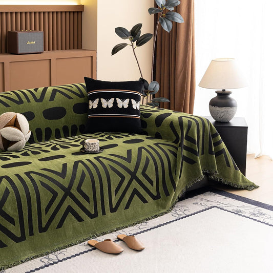 HANDONTIME Boho Couch Cover Geometric Striped Pet Covers for Couches and Sofas Olive Green and Black Dog Cover for Couch Pet Friendly Chenille Sectional Sofa Covers for Pets Washable, 71" X 118"