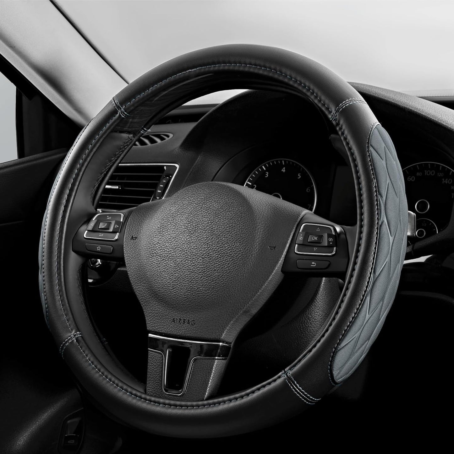 PIC AUTO Steering Wheel Cover, Gray Thick Rhombic Foam and Premium Leather, Universal 14.5-15.5 Inch Breathable Anti-Slip Steering Wheels Accessories for Men & Women