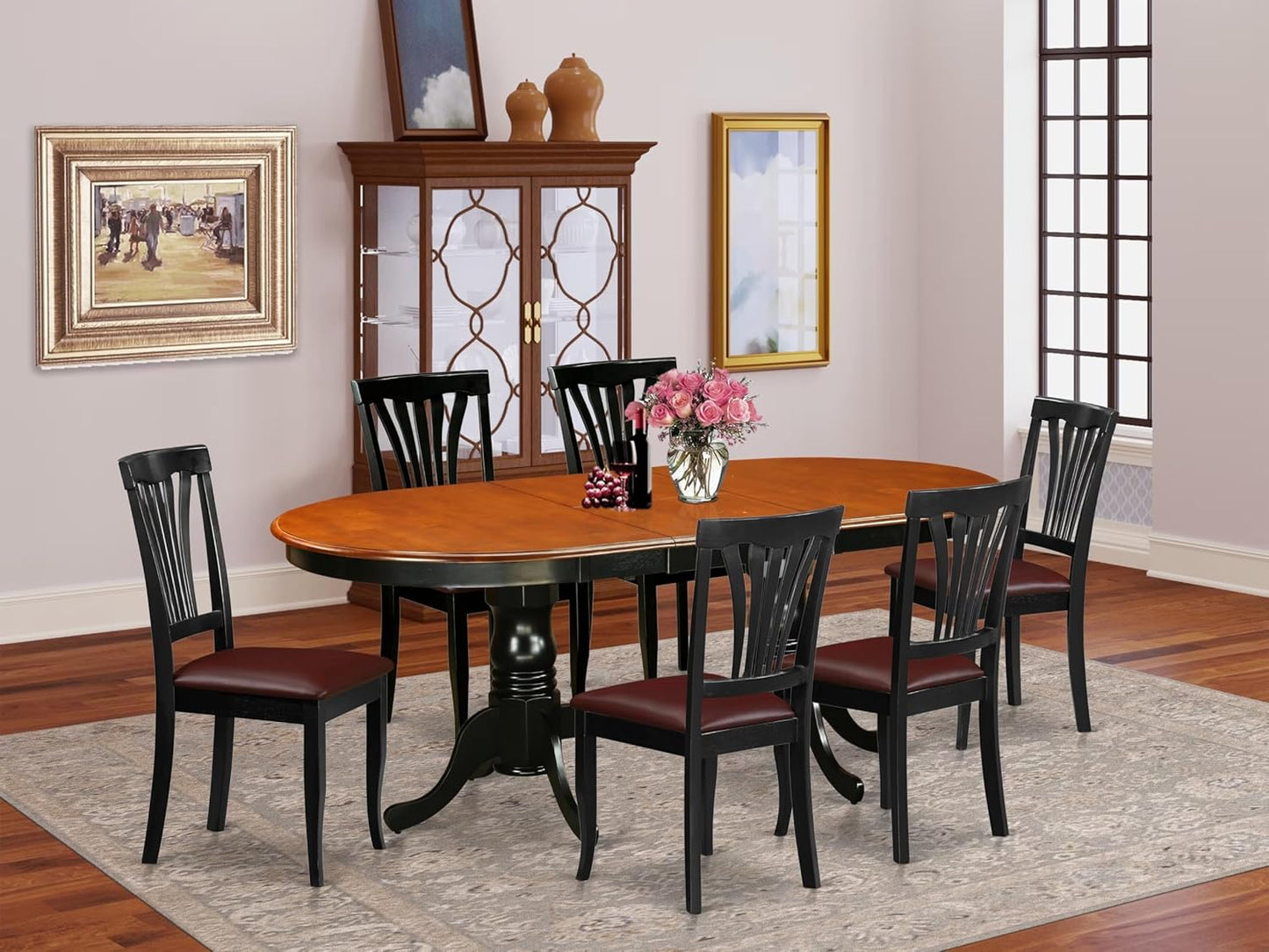 East West Furniture PLAV7-BCH-LC 7 Piece Dining Table Set Consist of an Oval Dinner Table with Butterfly Leaf and 6 Faux Leather Dining Room Chairs, 42x78 Inch, Black & Cherry