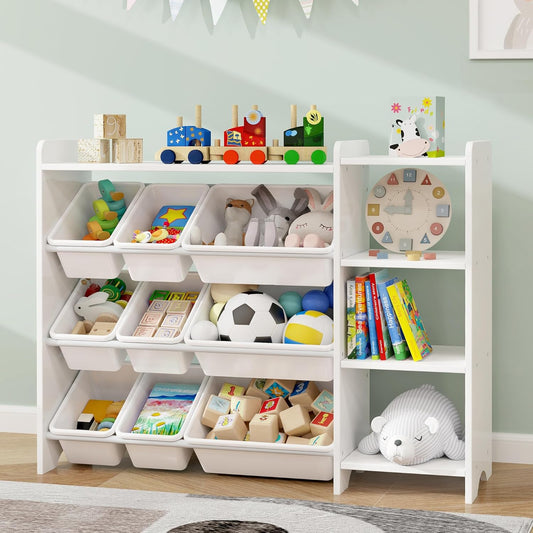 MallBest 4-Tier Kids' Toy Storage Organizer Shelf - 100% Solid Wood,Children's Storage Cabinet with 9 Plastic Bins and 3 Storage Ports(White-Single Color)