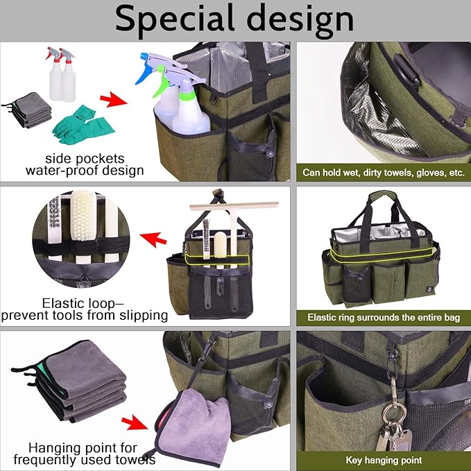 Large Cleaning Caddy Bag Built-in Sturdy Support Board, Cleaning Organizer with Detachable Divider, Cleaning Supply Tote with Adjustable Shoulder Strap&Waist Belt for Cleaners & Housekeeper