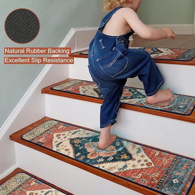 OJIA Extra Non-Slip Stair Treads for Wooden Steps Set of 15, 30"X8" Carpet Stair Mats Indoor Stair Runners Anti-Slip Stair Rugs Safety Mats for Dogs, Kids & Elders, Rubber Backing Step Treads
